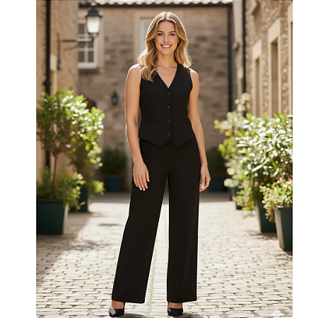 Conjunto Feminino Alfaiataria Colete + Calça Cintura Alta Preto