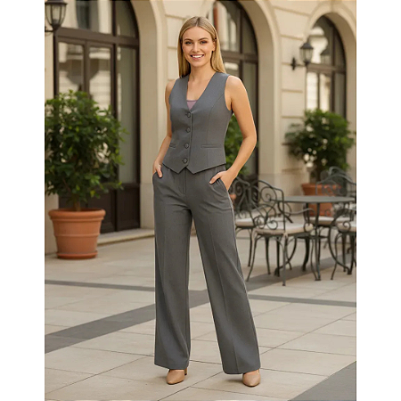 Conjunto Feminino Alfaiataria Colete + Calça Cintura Alta Cinza