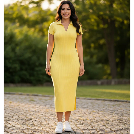 Vestido Midi Polo Feminino Malha Canelada Justo Elegante Amarelo
