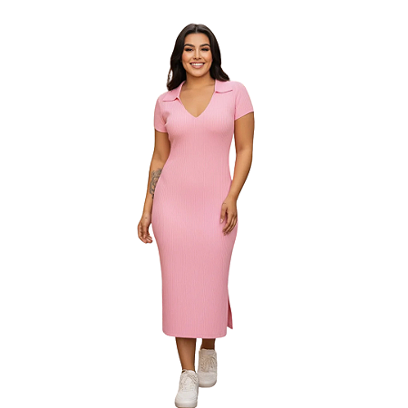 Vestido Midi Polo Feminino Malha Canelada Justo Elegante Rosa
