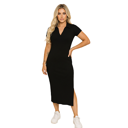 Vestido Midi Polo Feminino Malha Canelada Justo Elegante Preto