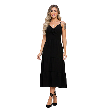 Vestido Feminino Midi Preto Alça Fina Decote V Elegante Luxo