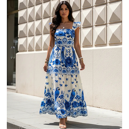 Vestido Longo Feminino Estampado Elegante Decote Quadrado Azul Branco