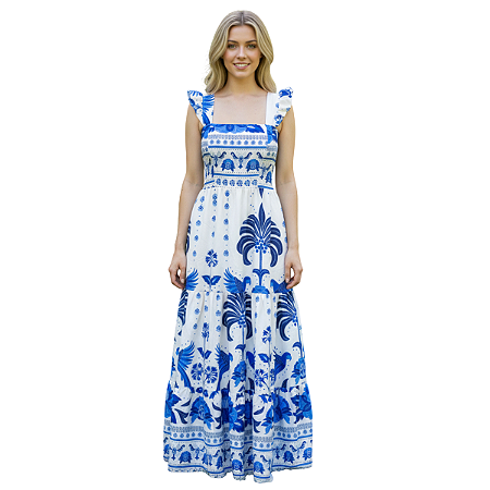 Vestido Longo Feminino Estampado Elegante Decote Quadrado Azul Branco