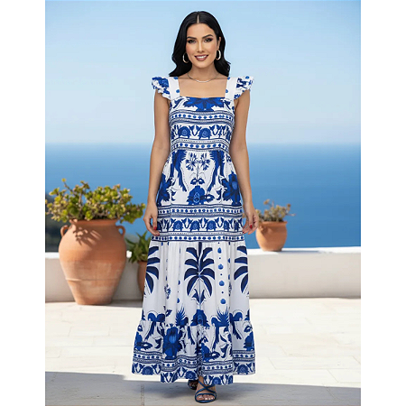 Vestido Longo Feminino Estampado Elegante Decote Quadrado Azul Branco