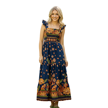 Vestido Longo Feminino Estampado Elegante Decote Quadrado Azul Laranja