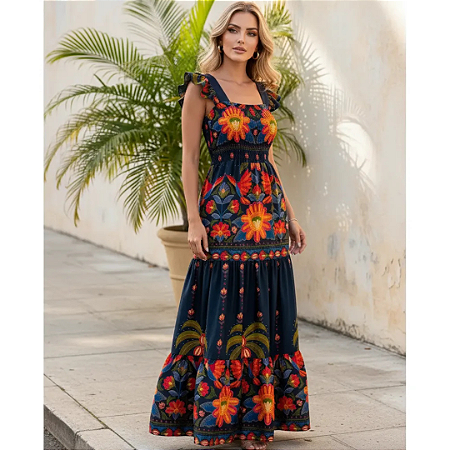 Vestido Longo Feminino Estampado Elegante Decote Quadrado Azul Laranja