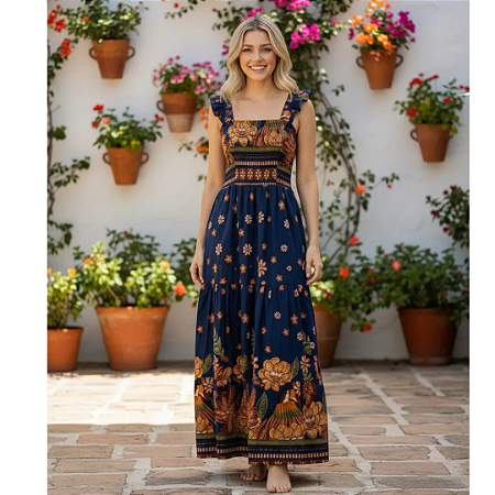 Vestido Longo Feminino Estampado Elegante Decote Quadrado Azul Laranja