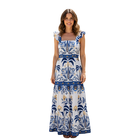 Vestido Longo Feminino Estampado Elegante Decote Quadrado Branco Azul