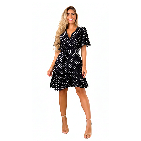 Vestido Curto Feminino Transpassado Com Babado E Manga Solta Preto Bolinhas