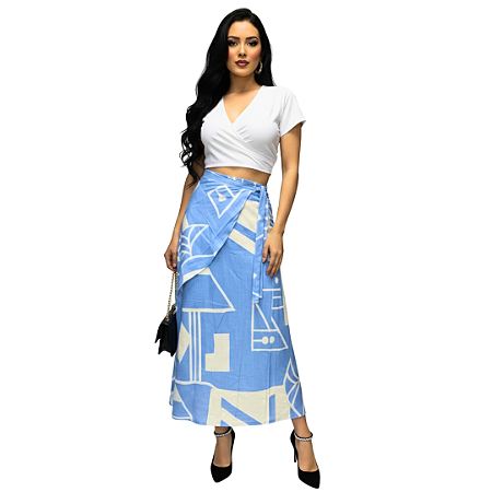 Saia Envelope Midi Feminina Amarração Moda Elegante Verão Azul