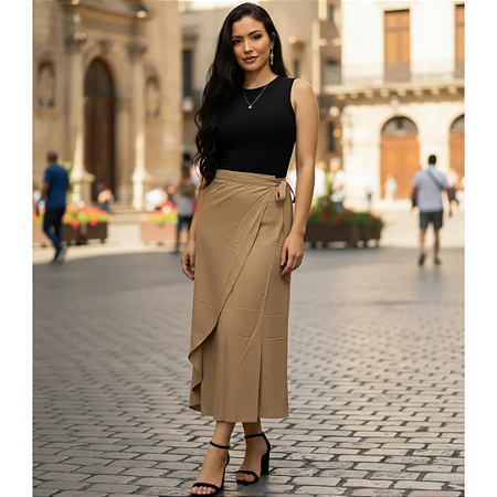 Saia Envelope Midi Feminina Amarração Moda Elegante Verão Marrom Claro