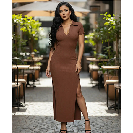 Vestido Feminino Ajustado Fenda Lateral Casual Elegante Sexy Marrom