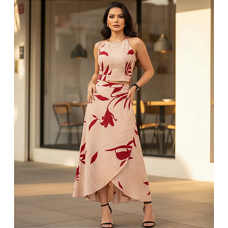 Conjunto Feminino Cropped + Saia Envelope Midi Estampado Bordô
