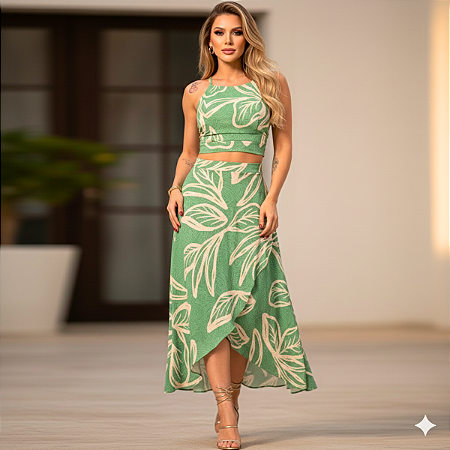 Conjunto Feminino Cropped + Saia Envelope Midi Estampado Verde