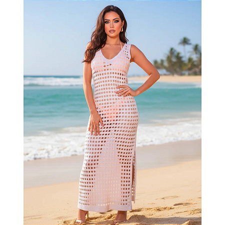 Saída de Praia Longa Feminina Tricô Vazado Com Fenda Lateral Branco