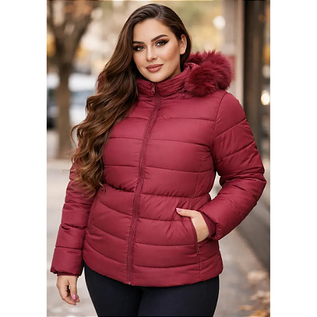 Jaqueta Feminina Plus Size Nylon Forrada Impermeável Frio Bordô