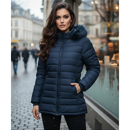 Jaqueta Feminina Puffer Alongada Com Capuz Peluciado Frio Azul Marinho