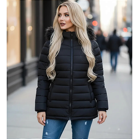 Jaqueta Feminina Puffer Alongada Com Capuz Peluciado Frio Preto