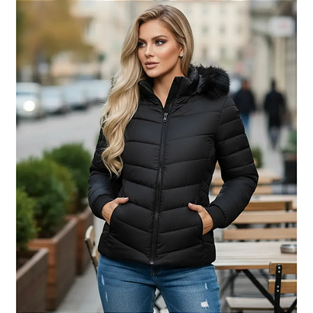 Jaqueta Puffer Feminina Com Capuz Removível Moda Inverno Preto