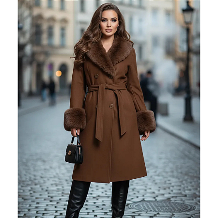 Sobretudo Lã Batida Feminino Luxuoso Gola de Pelo e Punhos Marrom