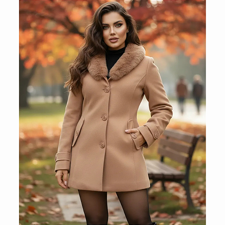 Sobretudo Lã Batida Forrado com Pelo Pele na Gola Casaco Top Marrom Claro