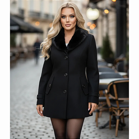 Sobretudo Lã Batida Forrado com Pelo Pele na Gola Casaco Top Preto