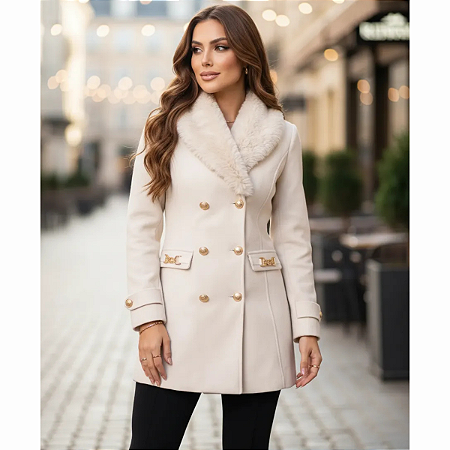 Casaco Feminino Sobretudo Elegante Gola Peluciada Inverno Off White