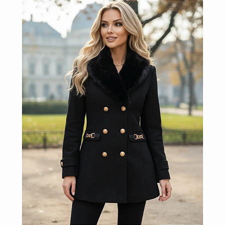 Casaco Feminino Sobretudo Elegante Gola Peluciada Inverno Preto