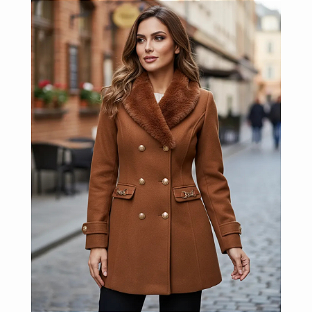 Casaco Feminino Sobretudo Elegante Gola Peluciada Inverno Marrom