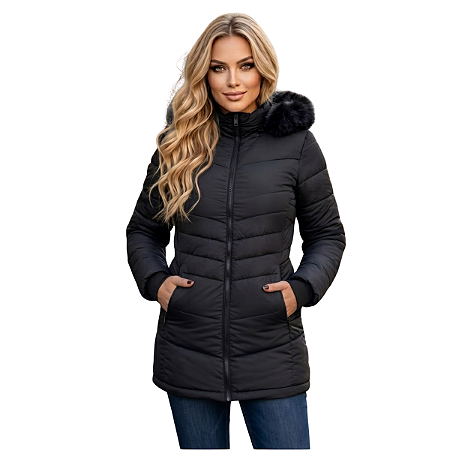 Jaqueta Puffer Feminina Alongada Com Capuz Peluciado Inverno