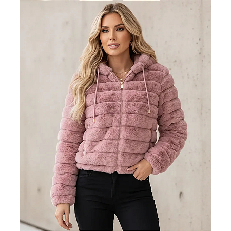 Jaqueta De Frio Feminina Pelinho Casaco Pelúcia Com Capuz Rosa