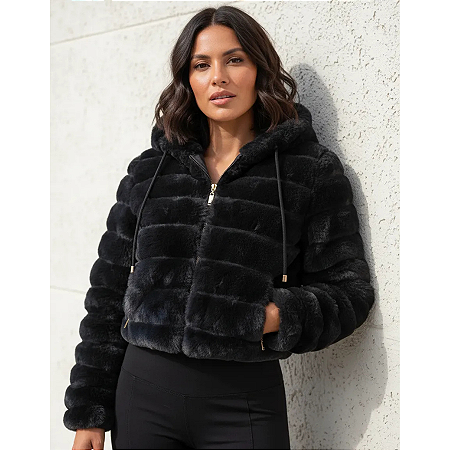 Jaqueta De Frio Feminina Pelinho Casaco Pelúcia Com Capuz Preto