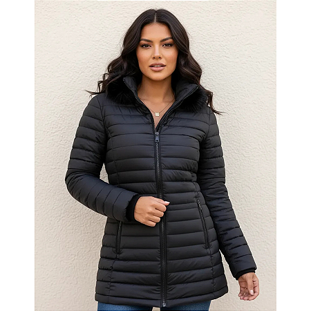 Jaqueta Alongada Feminina Parka Puffer Capuz Removível Frio Preto