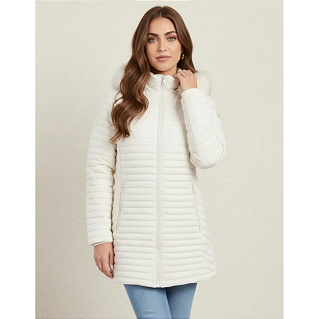 Jaqueta Alongada Feminina Parka Puffer Capuz Removível Frio Off White