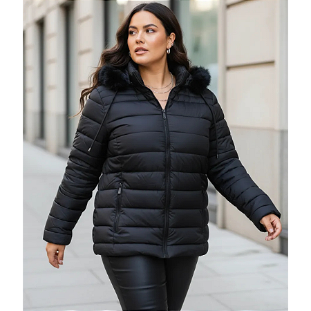 Jaqueta Com Capuz Moda Feminina Plus Size Puffer Inverno Preto