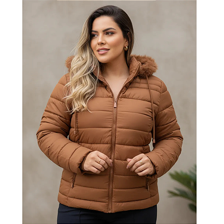 Jaqueta Com Capuz Moda Feminina Plus Size Puffer Inverno Marrom