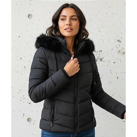 Jaqueta Moda Feminina Puffer Acolchoada Inverno Zíper Luxo Preto