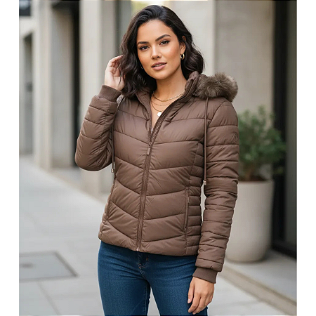Jaqueta Moda Feminina Puffer Acolchoada Inverno Zíper Luxo Marrom