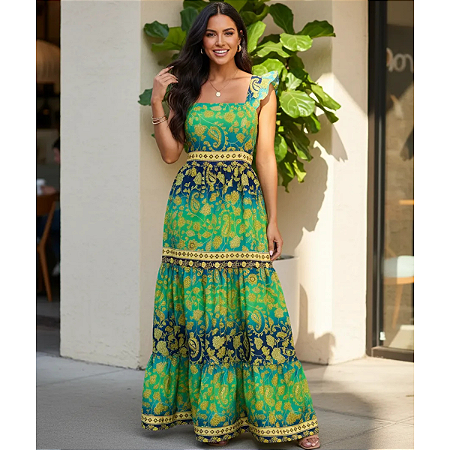 Vestido Longo Feminino Estampado Elegante Decote Quadrado Verde