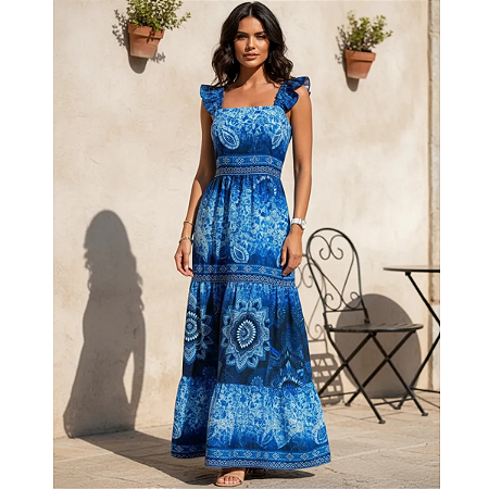 Vestido Longo Feminino Estampado Elegante Decote Quadrado Azul Estampado