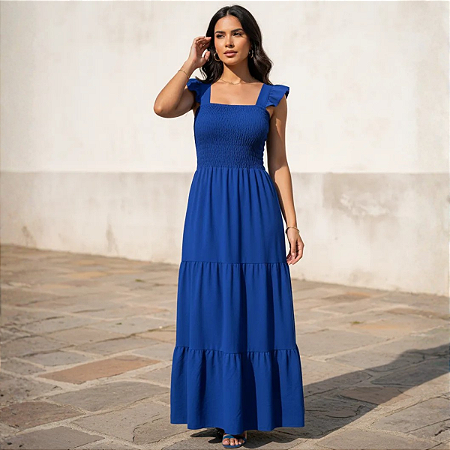 Vestido Feminino Longo Fluido Lastex No Busto Babados Alça Azul Royal