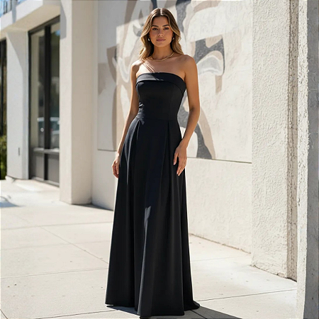 Vestido Tomara Que Caia Alfaiataria Laço Nas Costas Longo Preto