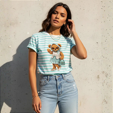 T-Shirt Moda Feminina Listrada 100% Algodão Ursa Fashionista