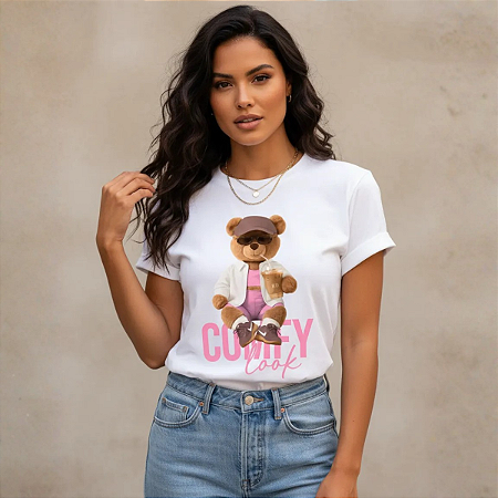 Blusa Feminina Camiseta Baby Look 100% Algodão Gola Redonda Off Urso