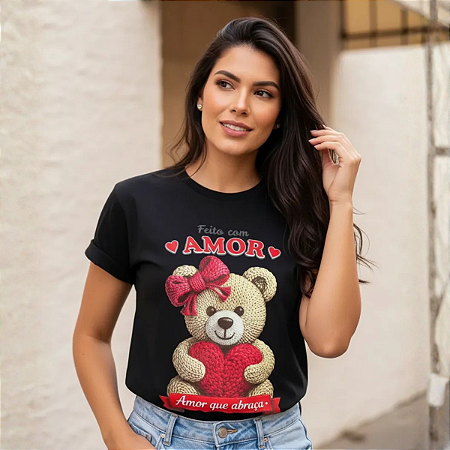 Blusa Feminina Camiseta Baby Look 100% Algodão Gola Redonda Preto Urso