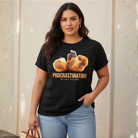 Tshirt Plus Size Camiseta Estampada Soltinha Pronta Entrega Preta Ursinho