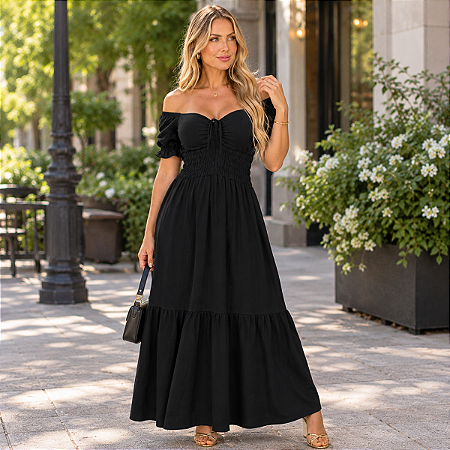 Vestido Longo Casual Soltinho Alcinha Babado Verão Festa Preto
