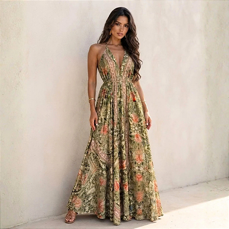 Vestido Longo Indiano Boho Estampado Premium Importado Moda
