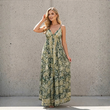 Vestido Longo Indiano Com Recortes E Alças Cruzadas Ajuste Verde